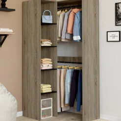 Dressing d'angle modulable L. 90 / 127 cm double penderie + étagères bois et noir*IDMarket Online