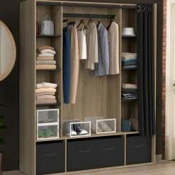 Dressing double penderie coloris bois 8 étagères et rideaux noirs*IDMarket Outlet