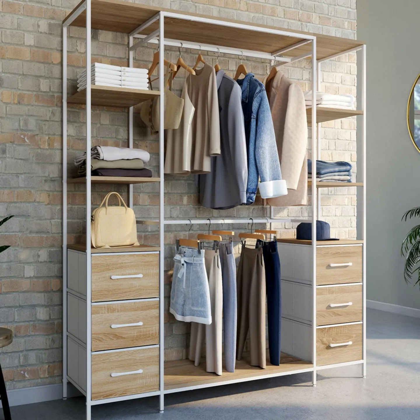 Dressing double penderie + double colonne L. 140 cm avec 6 étagères et 6 bacs en tissu bois et blanc*IDMarket Discount