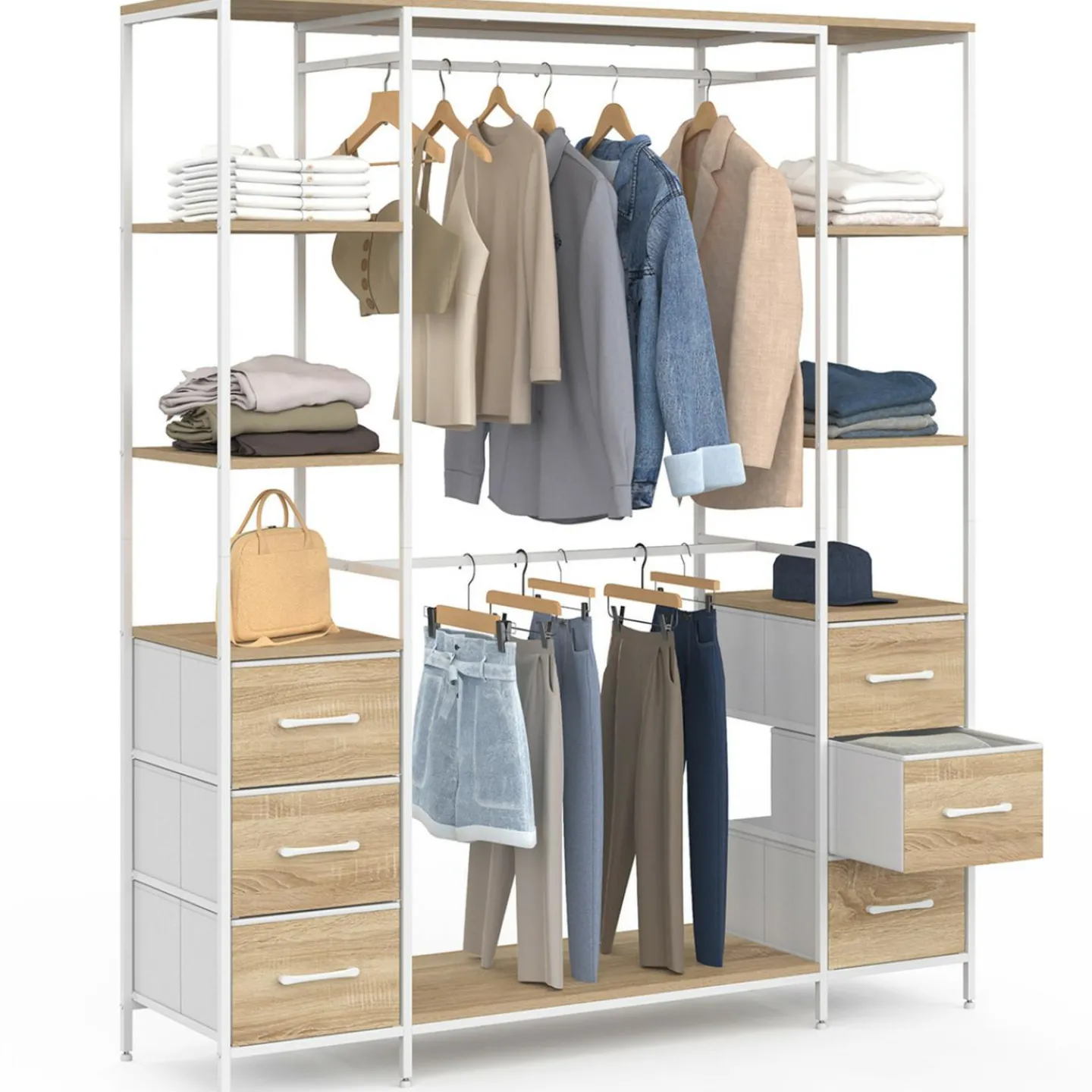 Dressing double penderie + double colonne L. 140 cm avec 6 étagères et 6 bacs en tissu bois et blanc*IDMarket Discount