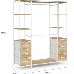 Dressing double penderie + double colonne L. 140 cm avec 6 étagères et 6 bacs en tissu bois et blanc*IDMarket Discount