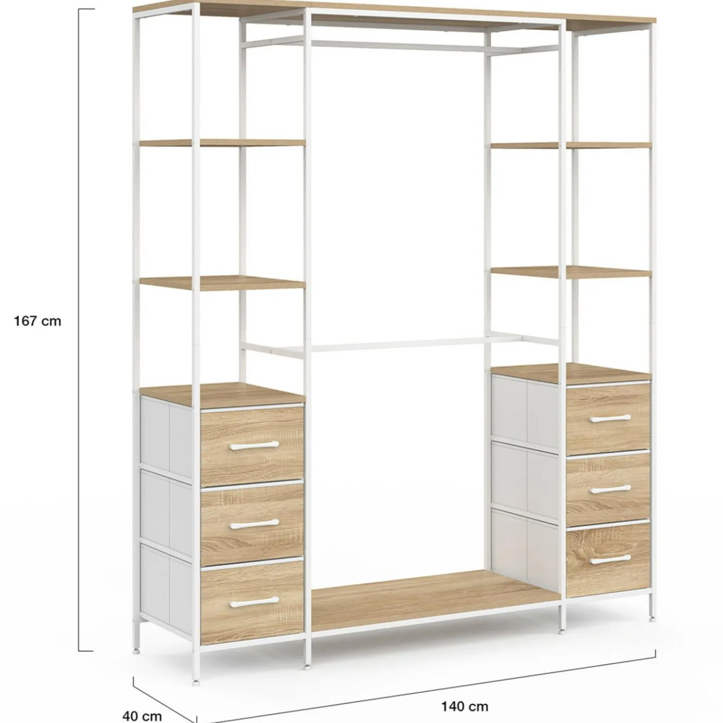 Dressing double penderie + double colonne L. 140 cm avec 6 étagères et 6 bacs en tissu bois et blanc*IDMarket Discount