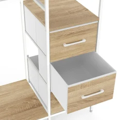 Dressing double penderie + double colonne L. 140 cm avec 6 étagères et 6 bacs en tissu bois et blanc*IDMarket Discount