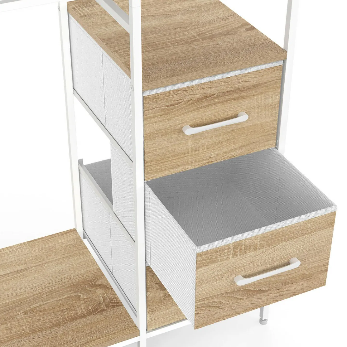 Dressing double penderie + double colonne L. 140 cm avec 6 étagères et 6 bacs en tissu bois et blanc*IDMarket Discount