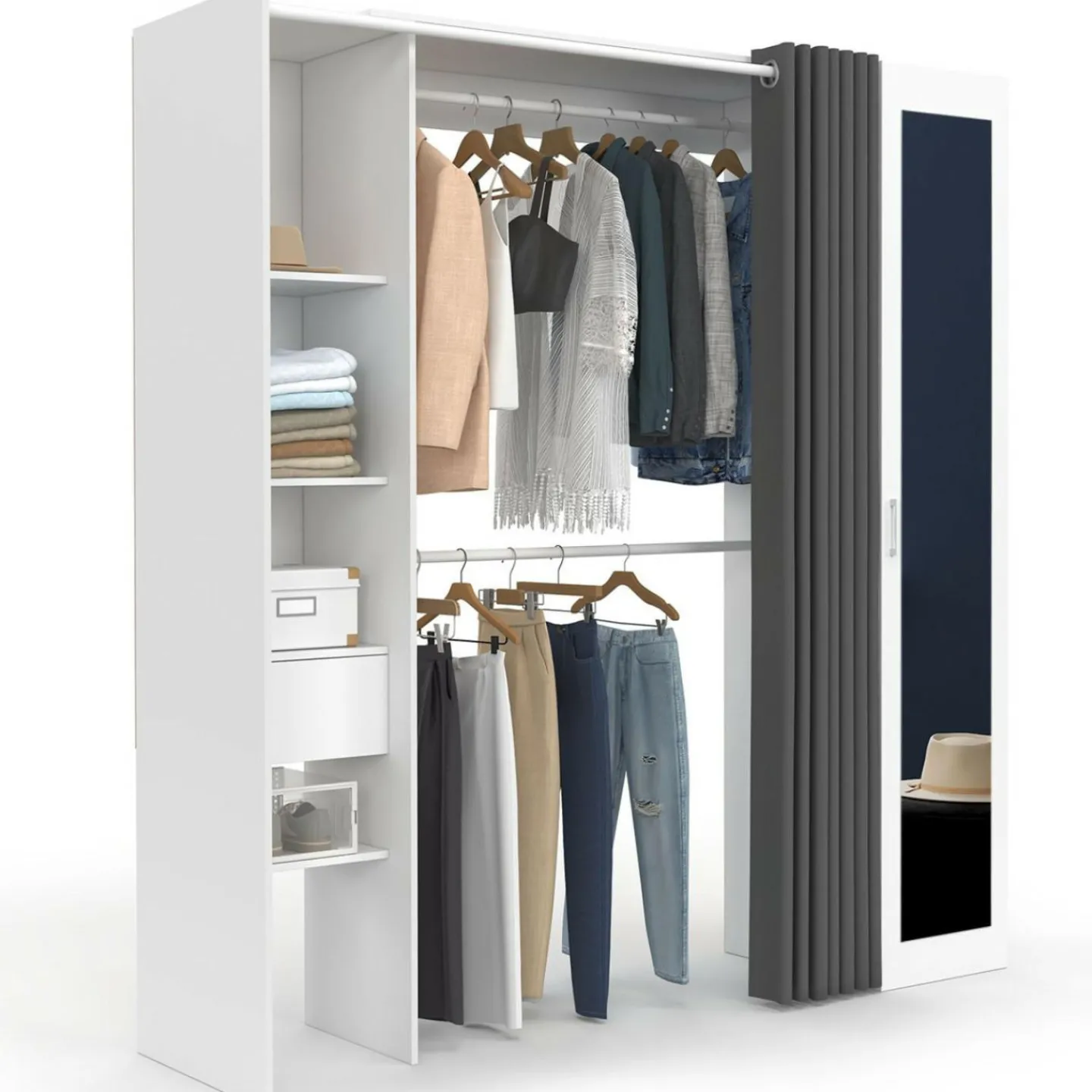 Dressing extensible 145/170 x 50 x 180 cm blanc avec étagères + double penderie + miroir + rideau gris*IDMarket Outlet