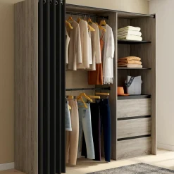 Dressing extensible 120/170 x 50 x 180 cm hêtre avec 3 tiroirs + étagères + double penderie + rideau noir*IDMarket Clearance
