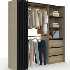 Dressing extensible 120/170 x 50 x 180 cm hêtre avec 3 tiroirs + étagères + double penderie + rideau noir*IDMarket Clearance