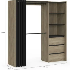 Dressing extensible 120/170 x 50 x 180 cm hêtre avec 3 tiroirs + étagères + double penderie + rideau noir*IDMarket Clearance