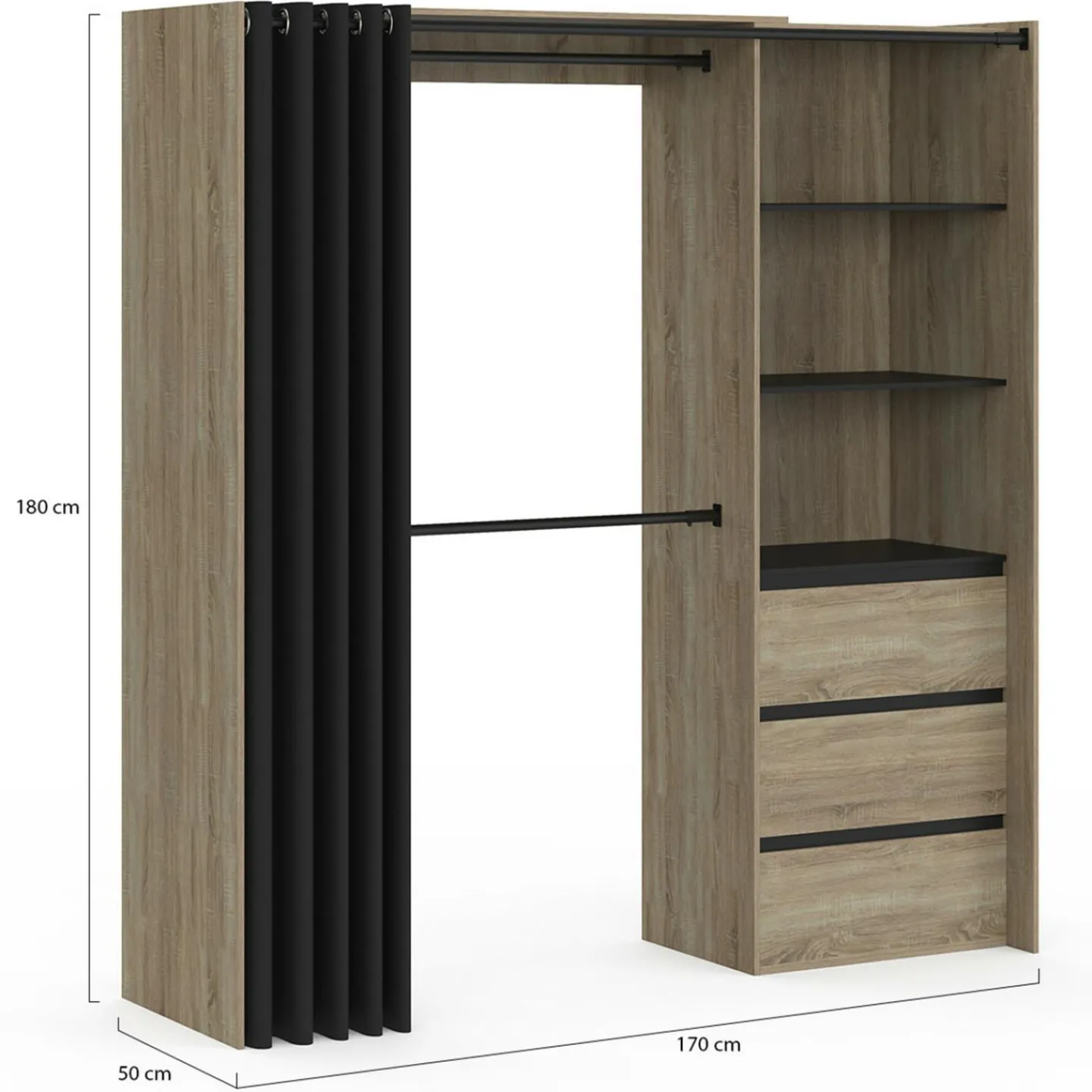 Dressing extensible 120/170 x 50 x 180 cm hêtre avec 3 tiroirs + étagères + double penderie + rideau noir*IDMarket Clearance