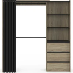 Dressing extensible 120/170 x 50 x 180 cm hêtre avec 3 tiroirs + étagères + double penderie + rideau noir*IDMarket Clearance