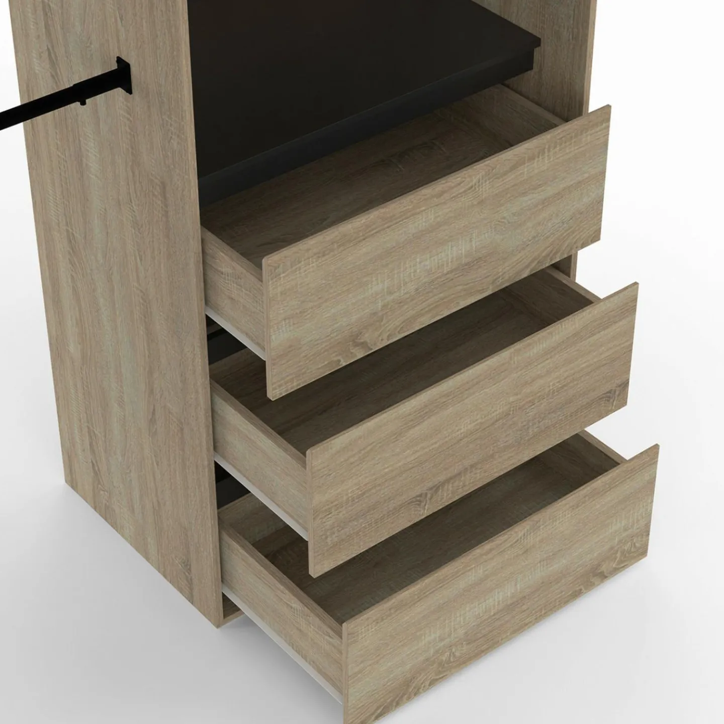 Dressing extensible 120/170 x 50 x 180 cm hêtre avec 3 tiroirs + étagères + double penderie + rideau noir*IDMarket Clearance