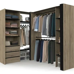 Dressing extensible d'angle 200 x 150 x 180 cm hêtre avec penderies + tiroirs + étagères + rideaux noirs*IDMarket Outlet
