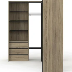 Dressing extensible d'angle 200 x 150 x 180 cm hêtre avec penderies + tiroirs + étagères + rideaux noirs*IDMarket Outlet