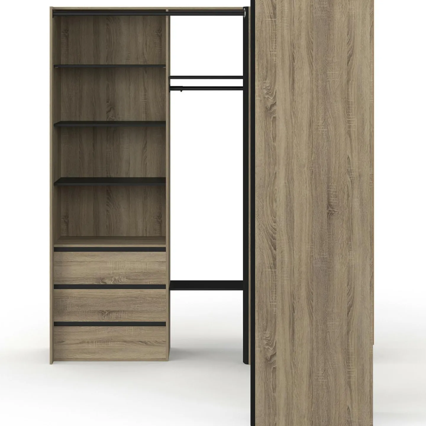 Dressing extensible d'angle 200 x 150 x 180 cm hêtre avec penderies + tiroirs + étagères + rideaux noirs*IDMarket Outlet