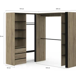 Dressing extensible d'angle 200 x 150 x 180 cm hêtre avec penderies + tiroirs + étagères + rideaux noirs*IDMarket Outlet