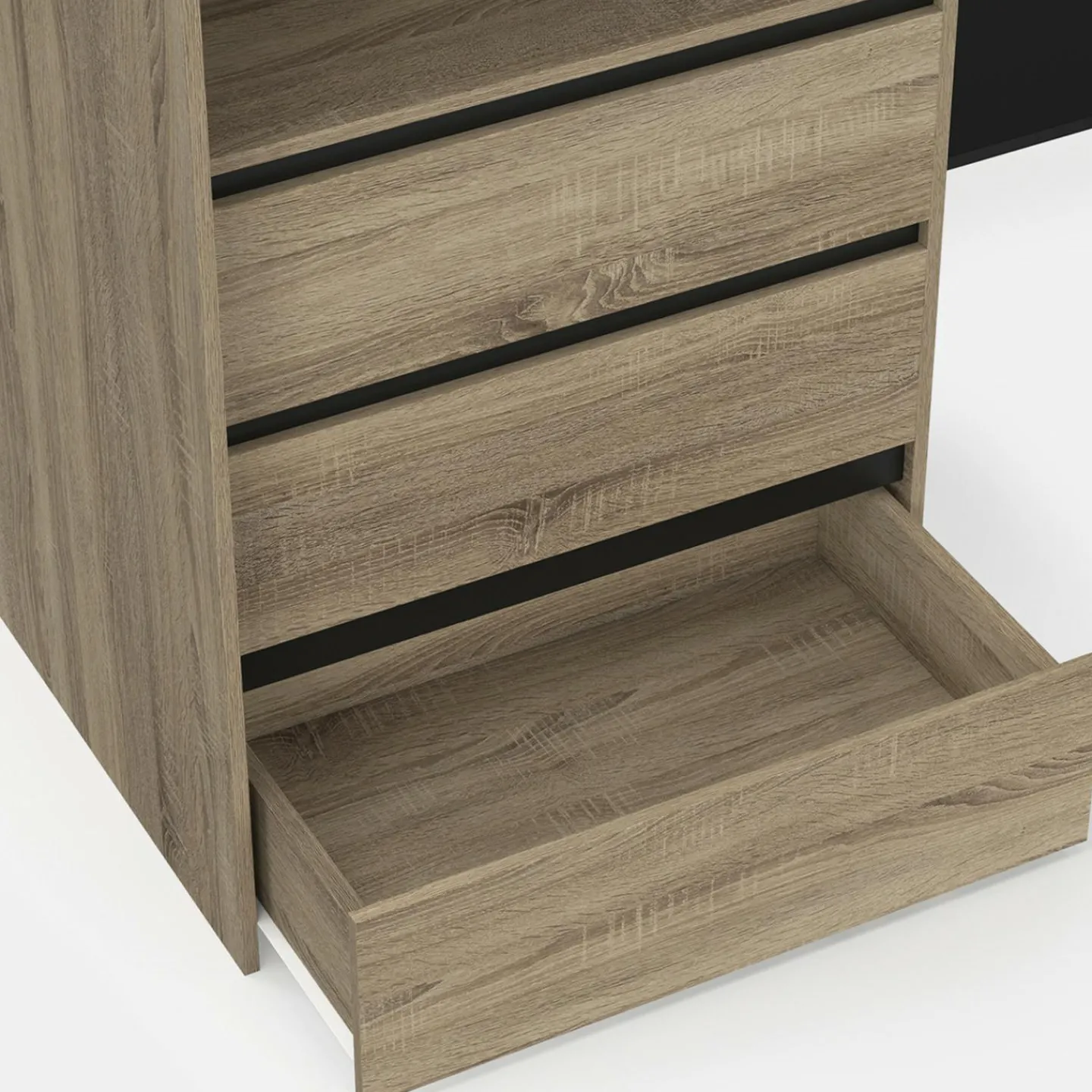 Dressing extensible d'angle 200 x 150 x 180 cm hêtre avec penderies + tiroirs + étagères + rideaux noirs*IDMarket Outlet