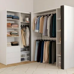 Dressing extensible d'angle 200 x 150 x 180 cm blanc avec penderies + tiroirs + étagères + rideaux gris*IDMarket New