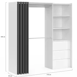 Dressing extensible de 120/170 x 50 x 180 cm blanc avec 3 tiroirs, des étagères et 2 penderies*IDMarket Discount