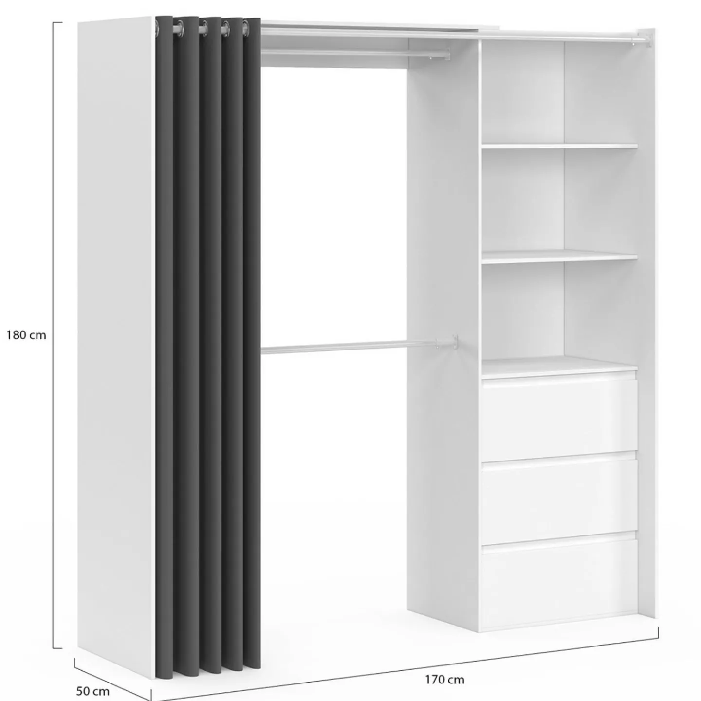 Dressing extensible de 120/170 x 50 x 180 cm blanc avec 3 tiroirs, des étagères et 2 penderies*IDMarket Discount