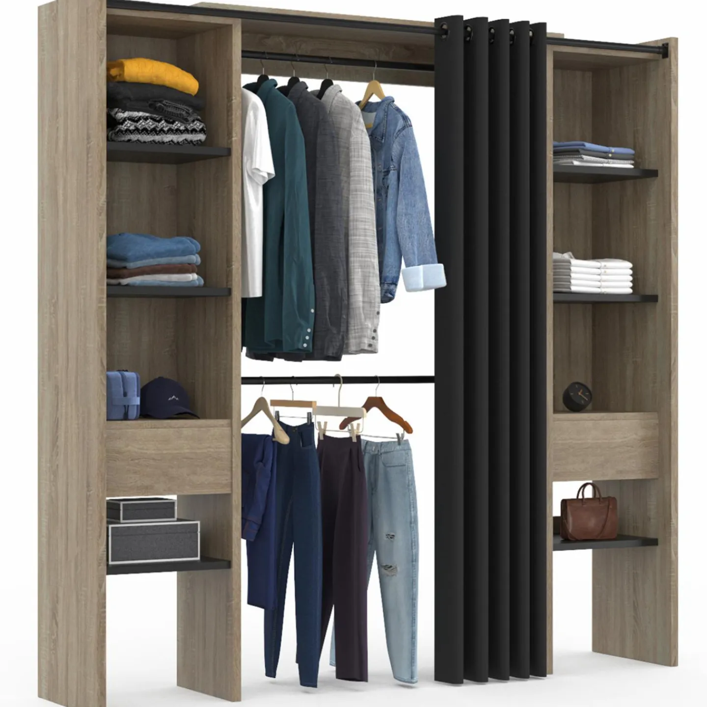 Dressing extensible double en bois avec rideau noir*IDMarket Hot