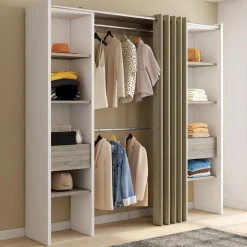 Dressing extensible double blanc et bois avec rideau taupe*IDMarket Hot