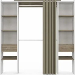 Dressing extensible double blanc et bois avec rideau taupe*IDMarket Hot