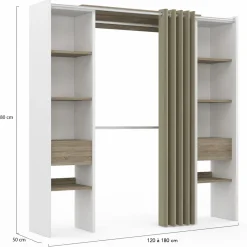 Dressing extensible double blanc et bois avec rideau taupe*IDMarket Hot