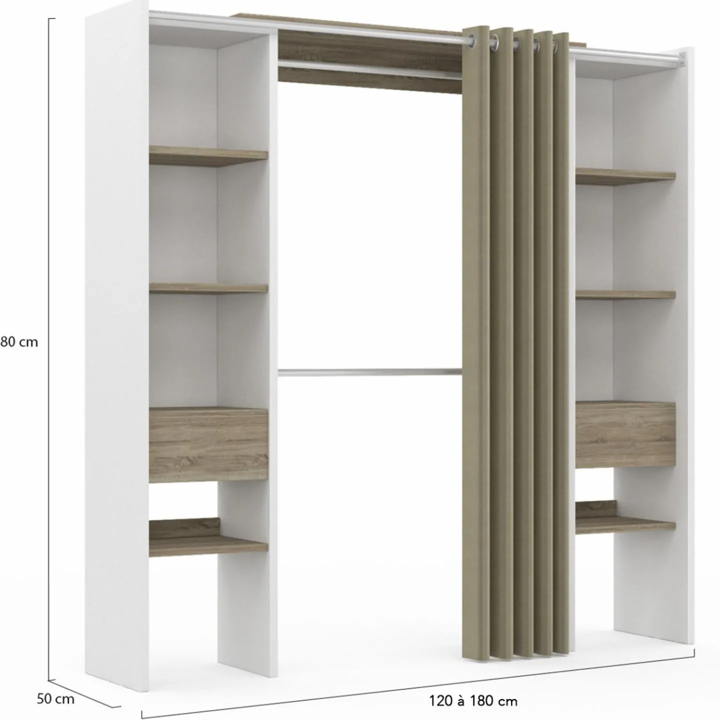 Dressing extensible double blanc et bois avec rideau taupe*IDMarket Hot