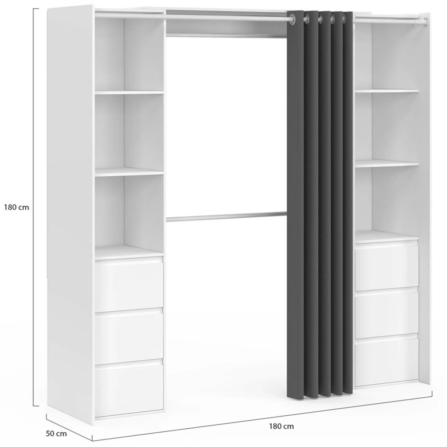 Dressing extensible double blanc 120/180 cm 6 tiroirs + étagères + double penderie + rideau gris*IDMarket Best