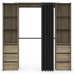 Dressing extensible double effet hêtre 120/180 cm 6 tiroirs + étagères + double penderie + rideau noir*IDMarket Clearance