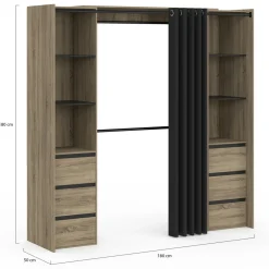 Dressing extensible double effet hêtre 120/180 cm 6 tiroirs + étagères + double penderie + rideau noir*IDMarket Clearance