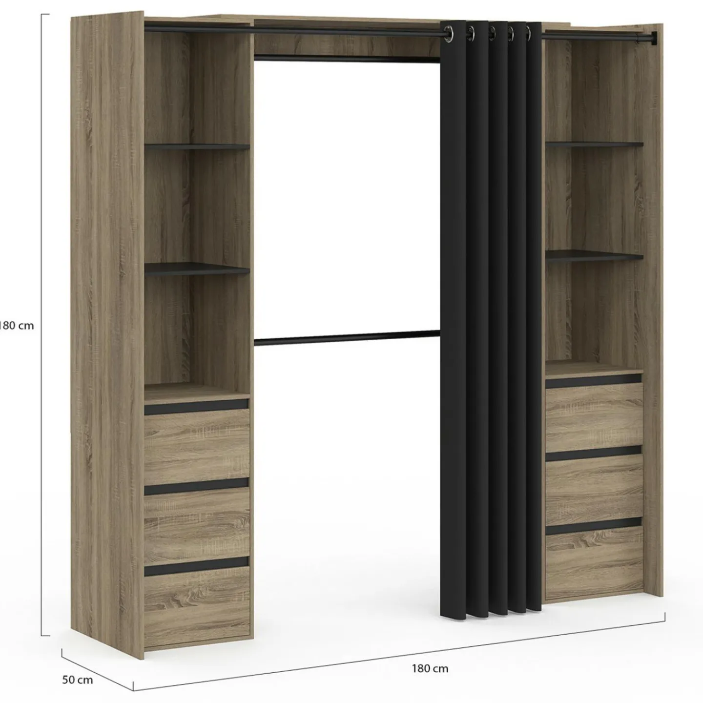 Dressing extensible double effet hêtre 120/180 cm 6 tiroirs + étagères + double penderie + rideau noir*IDMarket Clearance
