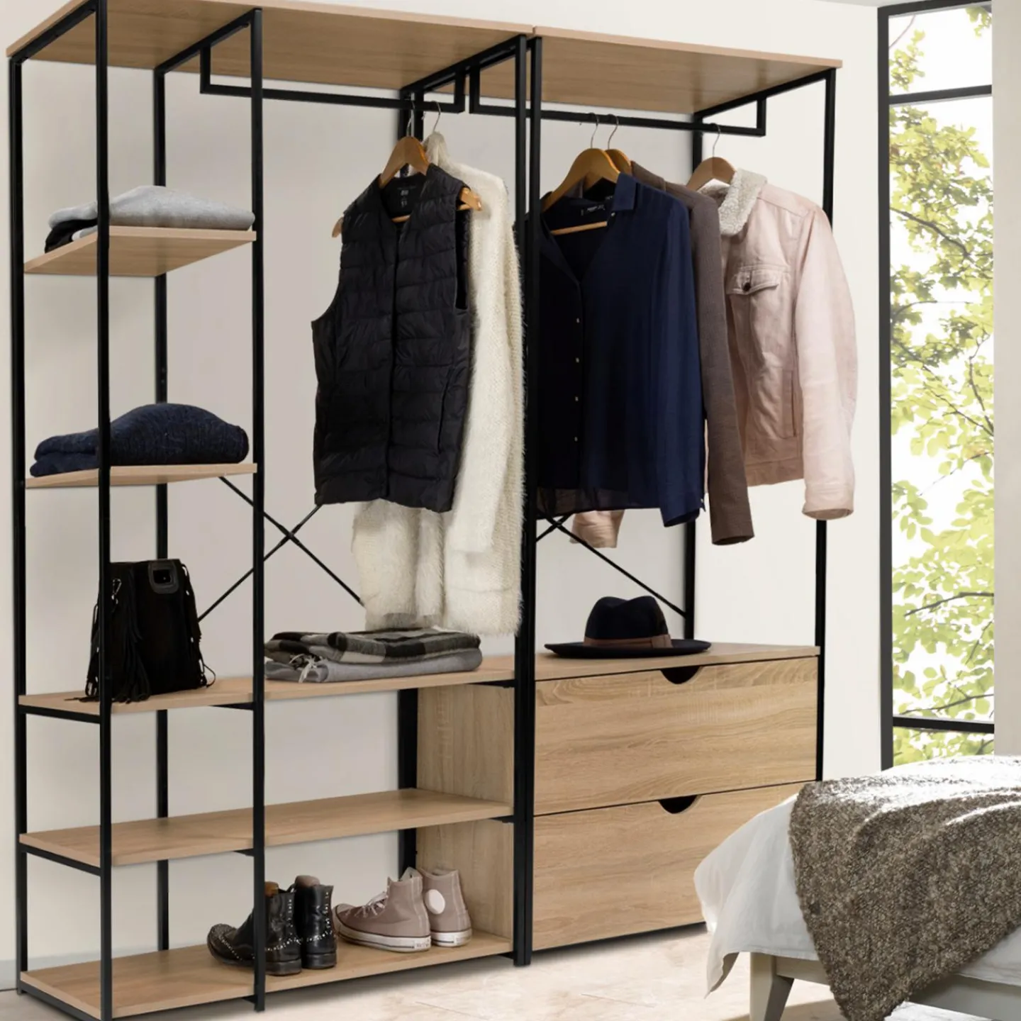 Dressing modulable industriel double penderie 2 tiroirs*IDMarket New