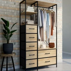 Dressing penderie + colonne avec 1 étagère et 7 bacs en tissu bois et noir L. 90 cm*IDMarket Discount