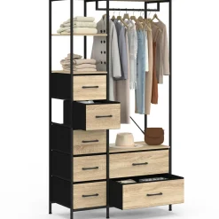 Dressing penderie + colonne avec 1 étagère et 7 bacs en tissu bois et noir L. 90 cm*IDMarket Discount