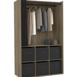 Dressing penderie 104 x 50 x 172 cm hêtre avec rideau noir et 6 boites de rangement*IDMarket Best