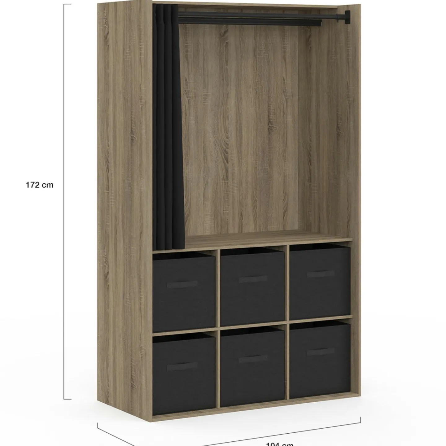 Dressing penderie 104 x 50 x 172 cm hêtre avec rideau noir et 6 boites de rangement*IDMarket Best