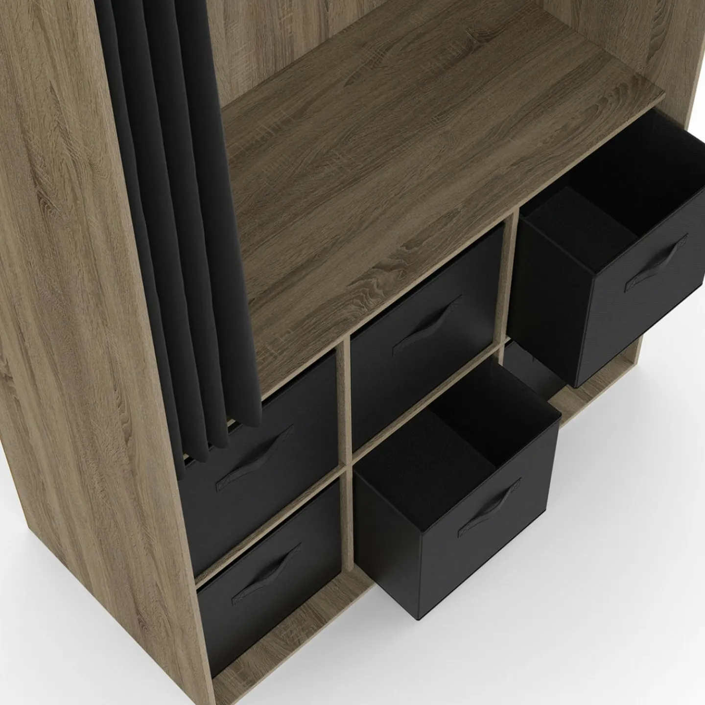 Dressing penderie 104 x 50 x 172 cm hêtre avec rideau noir et 6 boites de rangement*IDMarket Best