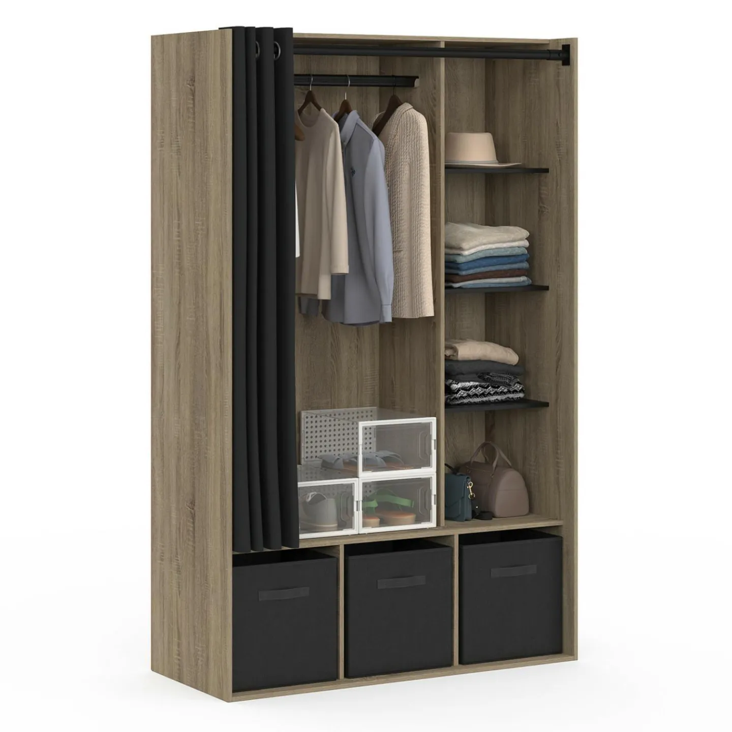 Dressing penderie avec rideau et étagères bois et noir*IDMarket Outlet