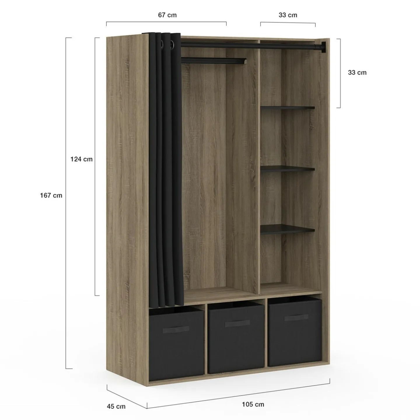 Dressing penderie avec rideau et étagères bois et noir*IDMarket Outlet