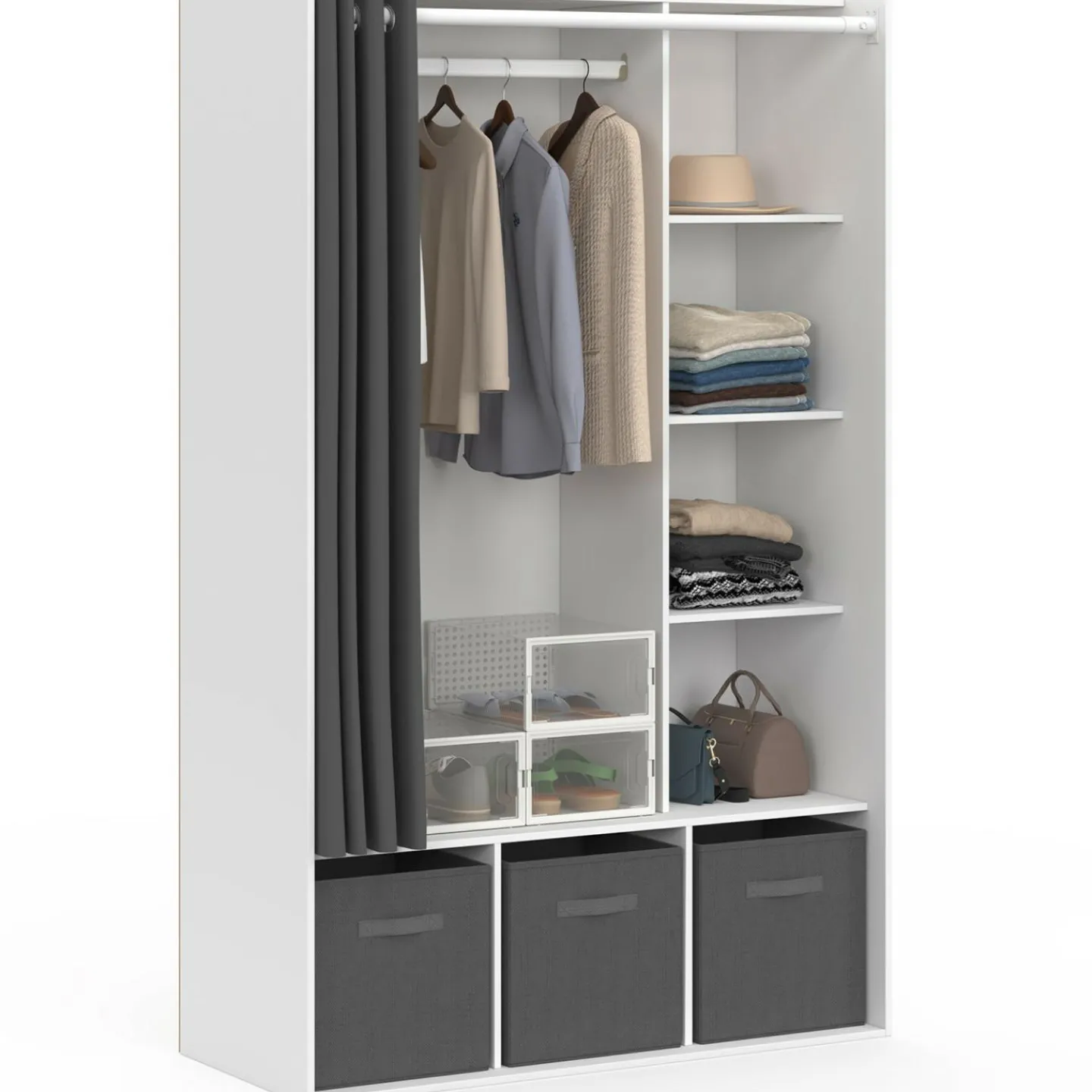 Dressing penderie blanc avec rideaux gris*IDMarket Outlet