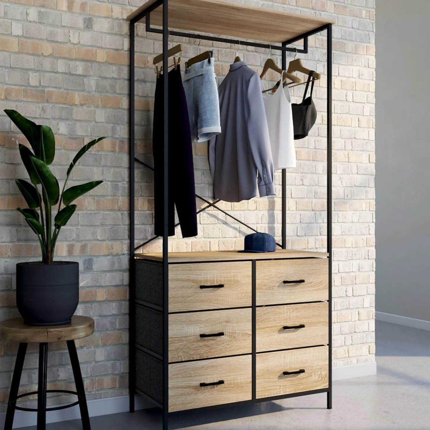 Dressing penderie industriel bois et noir avec 6 bacs*IDMarket Discount