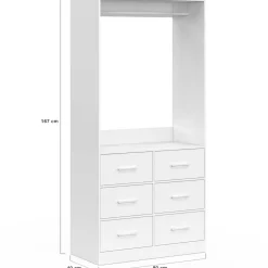 Dressing penderie L. 80 cm avec 6 tiroirs bois et tissu blanc*IDMarket Online