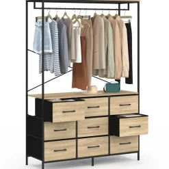 Dressing penderie L. 115 cm avec 9 bacs en tissu bois et noir*IDMarket Hot