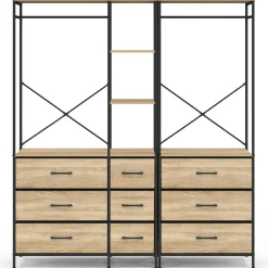 Dressing penderie modulable L. 150 cm XXL avec 3 étagères et 9 bacs en tissu bois et noir*IDMarket Hot