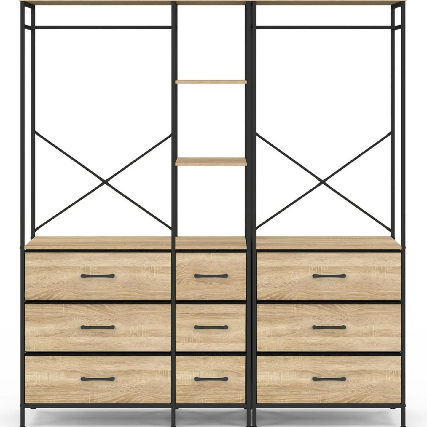 Dressing penderie modulable L. 150 cm XXL avec 3 étagères et 9 bacs en tissu bois et noir*IDMarket Hot