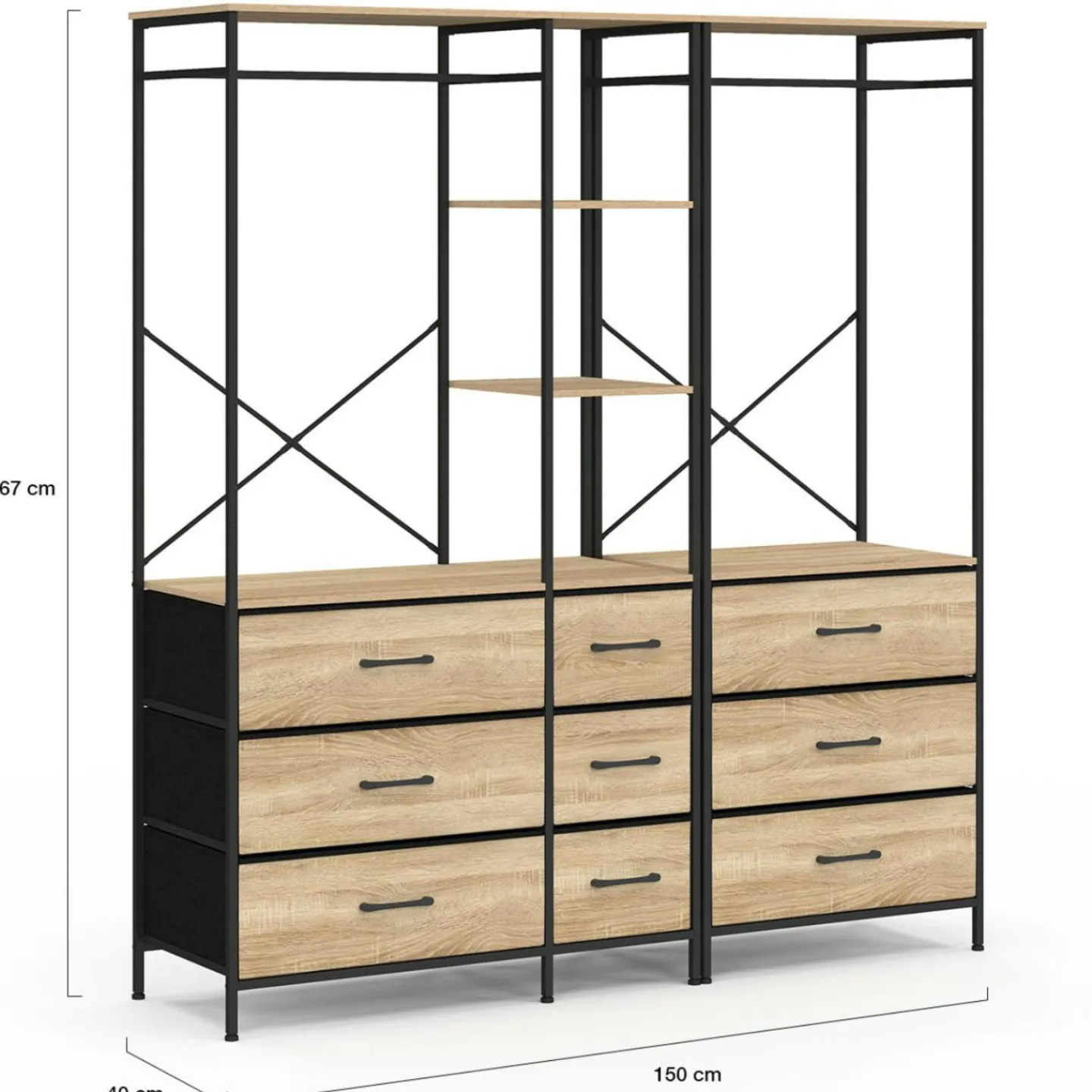 Dressing penderie modulable L. 150 cm XXL avec 3 étagères et 9 bacs en tissu bois et noir*IDMarket Hot