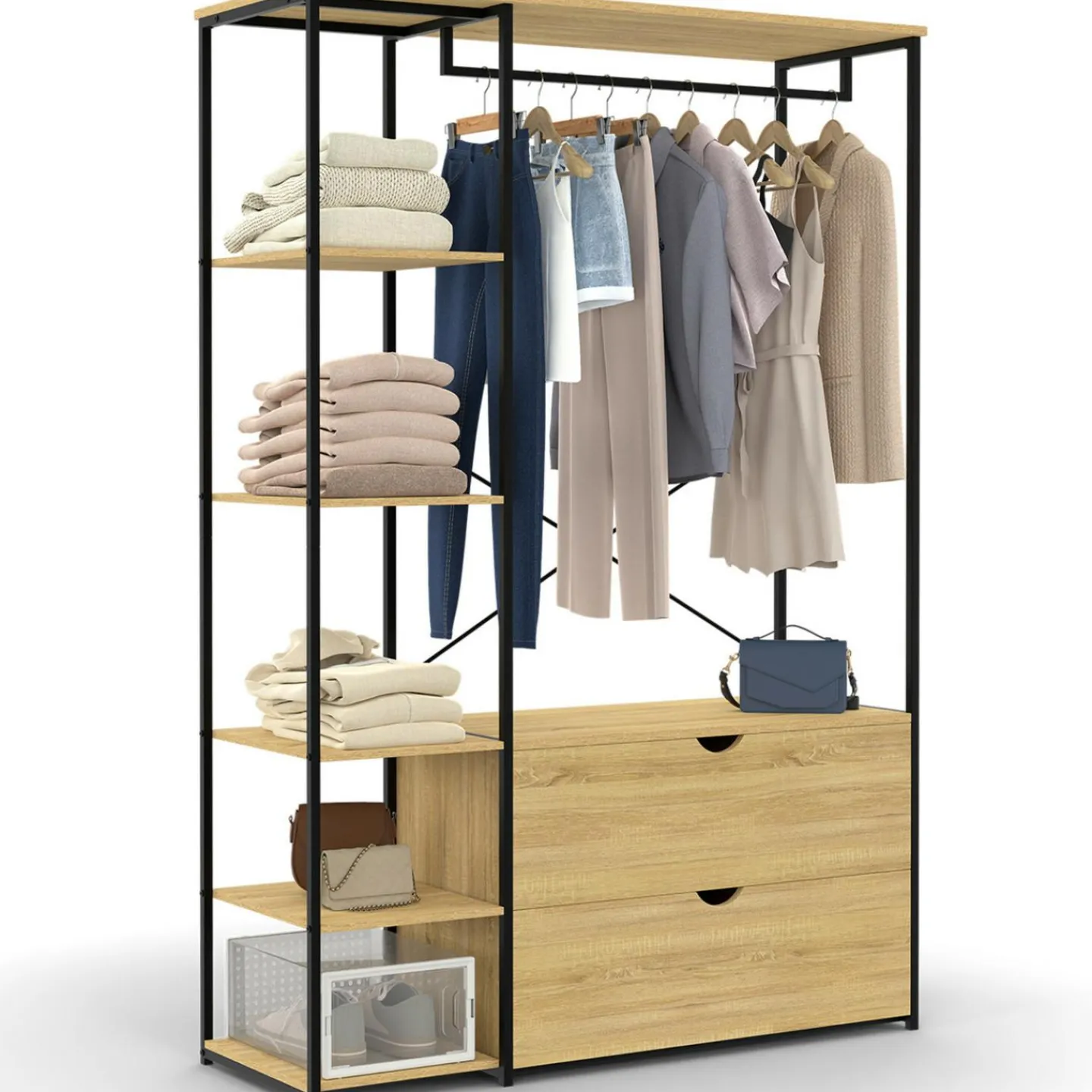 Dressing penderie étagères 2 tiroirs design industriel L. 113 cm*IDMarket Discount