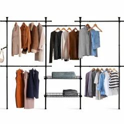 Dressing télescopique extensible 5 penderies 2 paniers en métal noir*IDMarket New