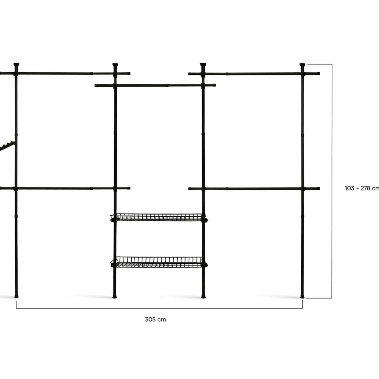 Dressing télescopique extensible 5 penderies 2 paniers en métal noir*IDMarket New
